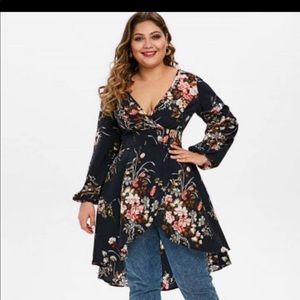 Flower print asymmetrical surplice long blouse